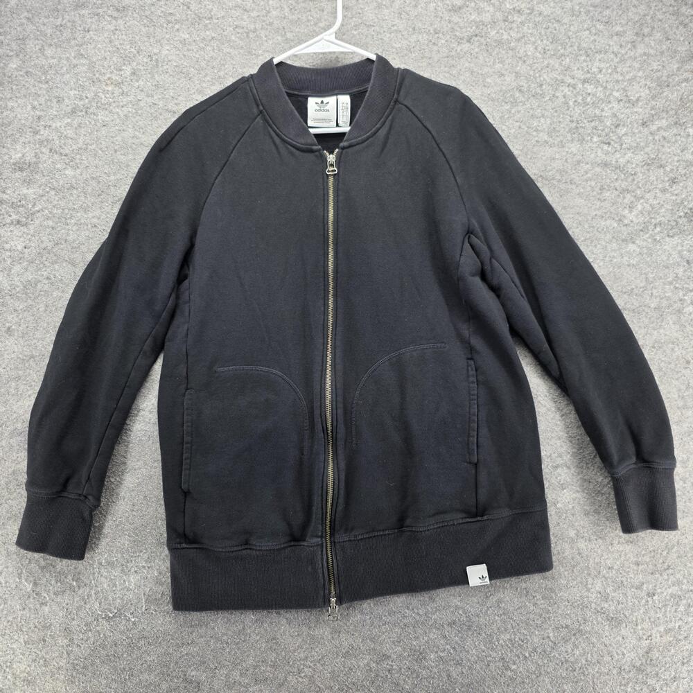 Adidas Sweatshirt Mens L Black Full Zip Pockets Fleece Trefoil Ribbed Collar